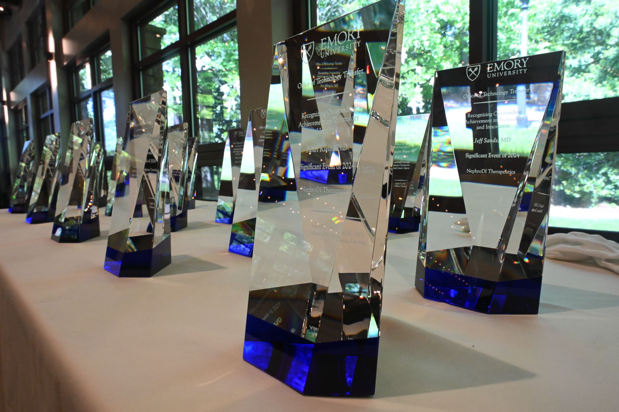 Blue and clear crystal awards on a white tablecloth