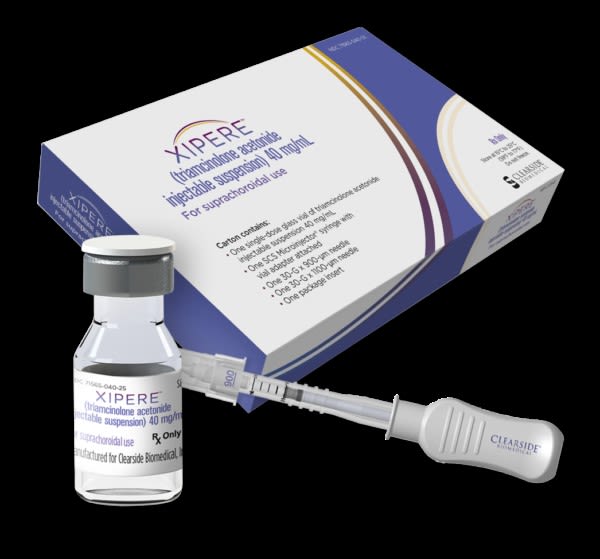 XIPERE injection kit with labeled box, vial of triamcinolone acetonide, and attached syringe applicator.