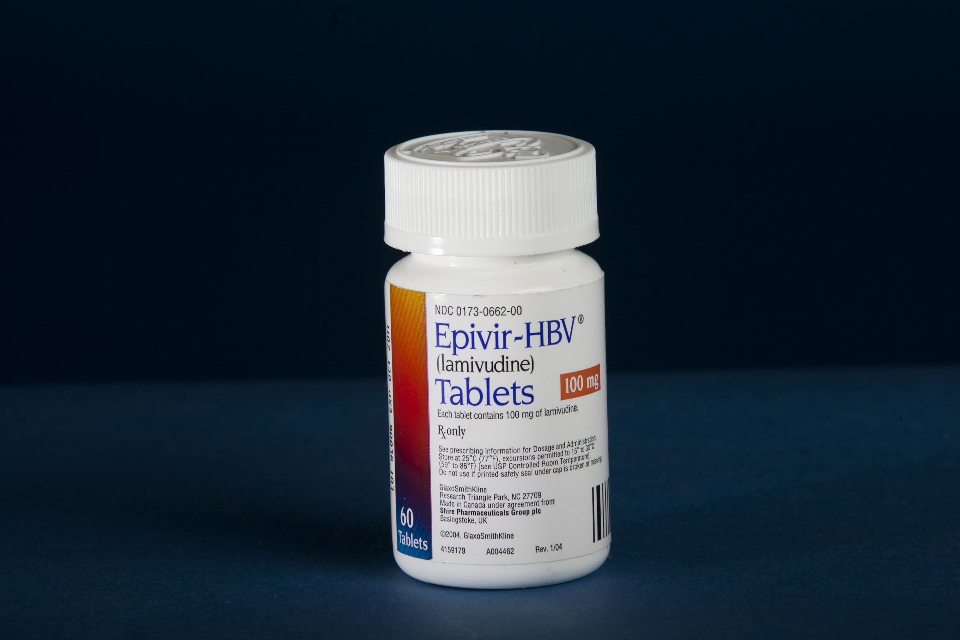 White bottle labeled “Epivir-HBV” containing tablets, placed on a plain surface.