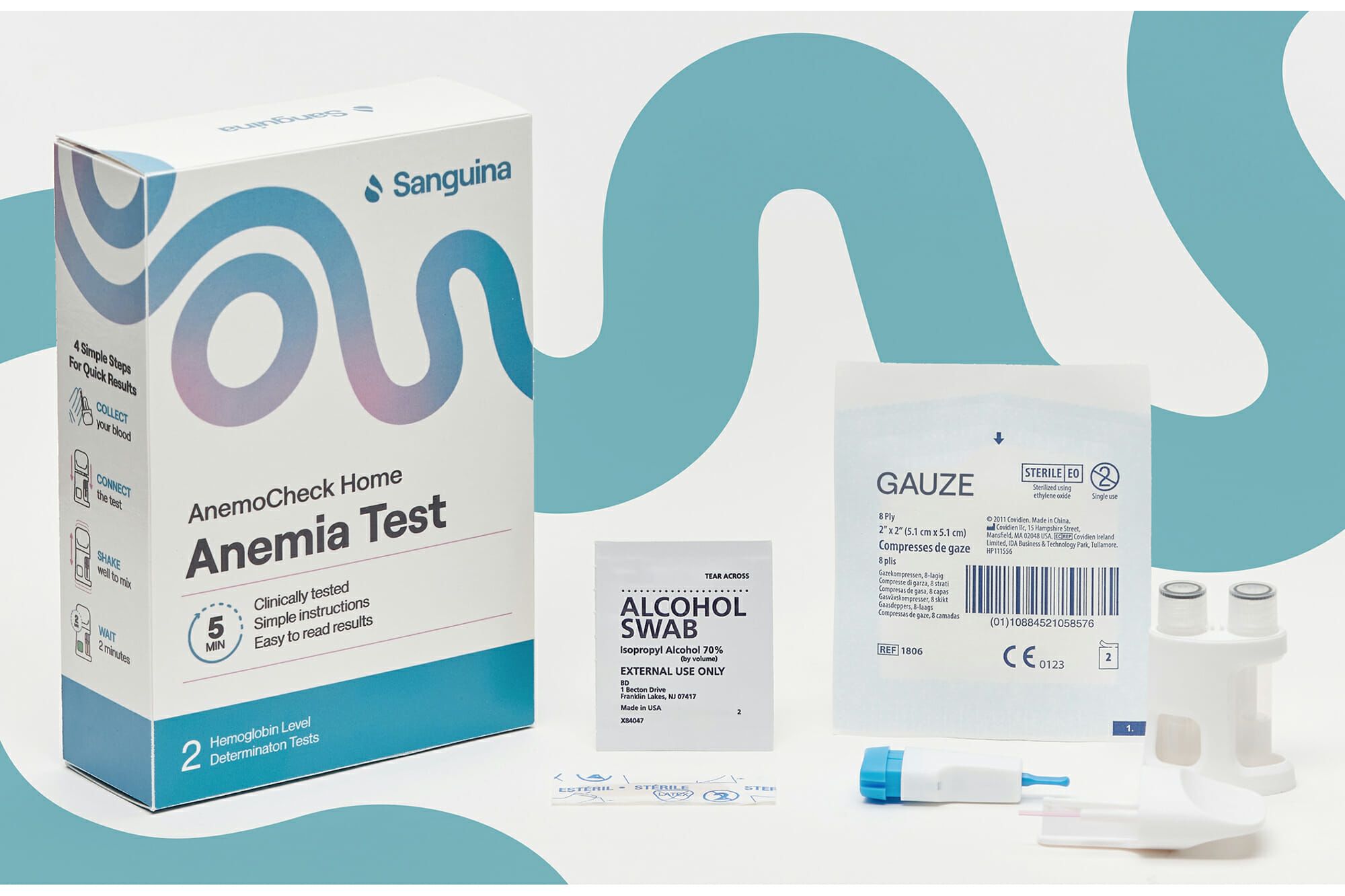 AnemoCheck Home Anemia Test kit with box, alcohol swab, gauze, lancet, and small test components.