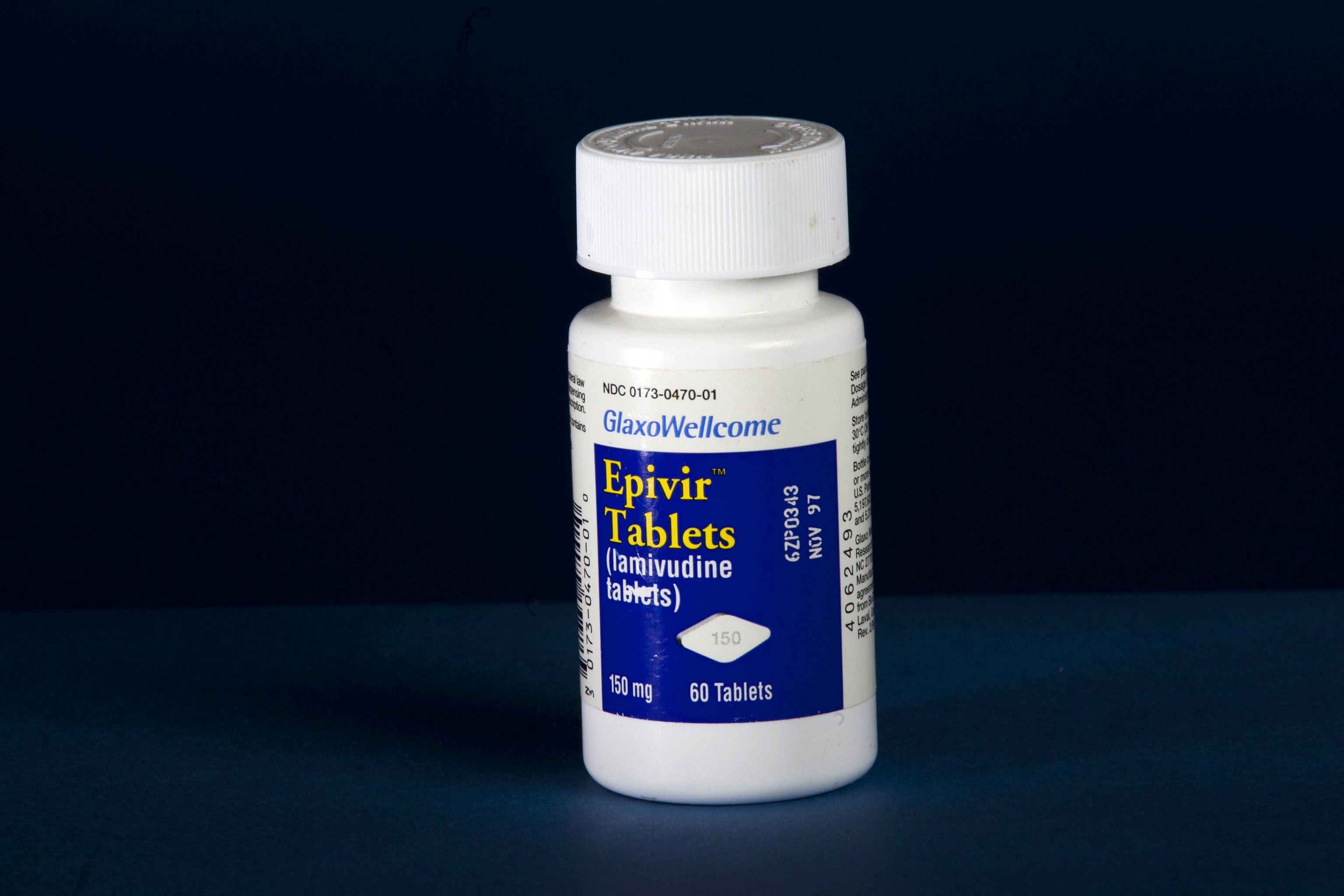 A white prescription pill bottle labeled "Epivir Tablets" in yellow font on a blue background.