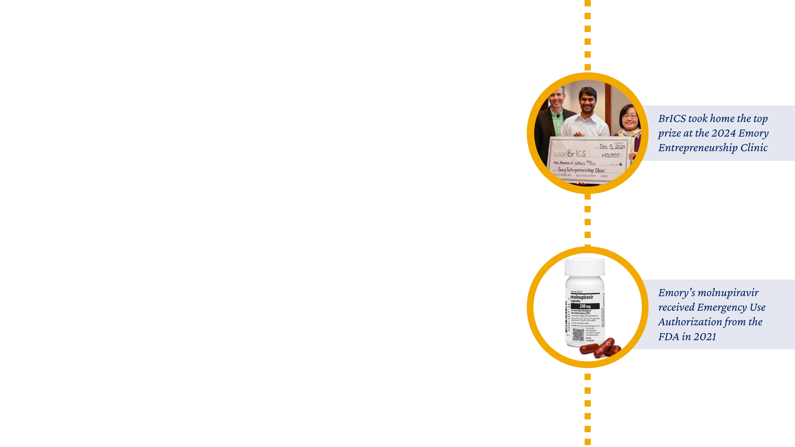 People holding oversized check, caption: “BrICS won top prize at 2024 Emory Entrepreneurship Clinic.” Bottle labeled molnupiravir, caption: “Emory's molnupiravir received FDA Emergency Use Authorization in 2021.”