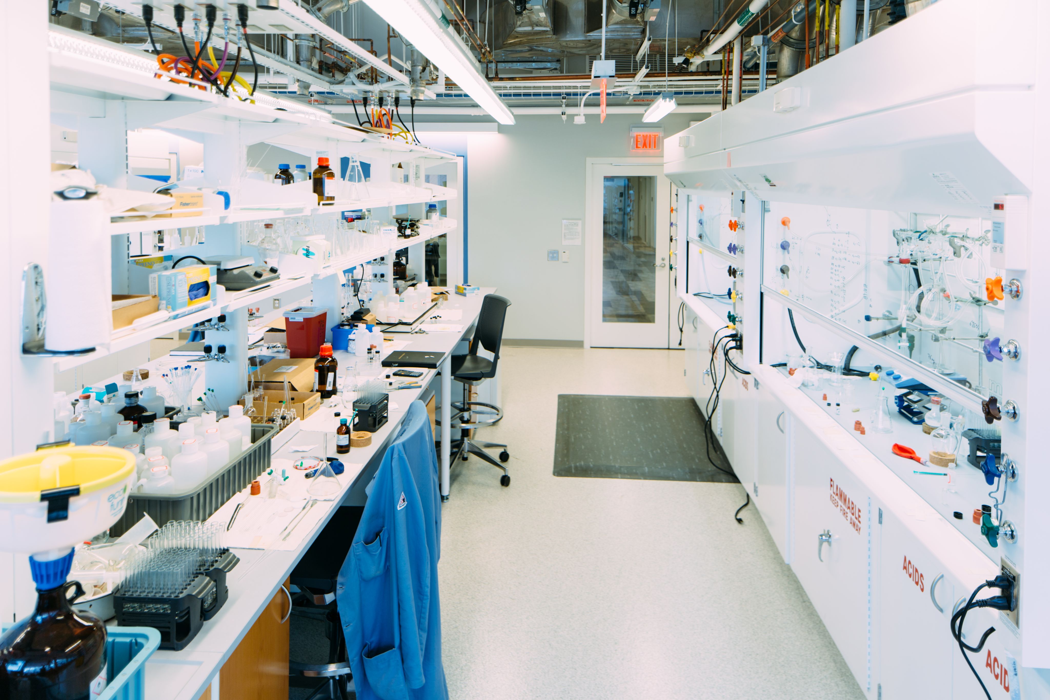 Lab space with cluttered tabletops
